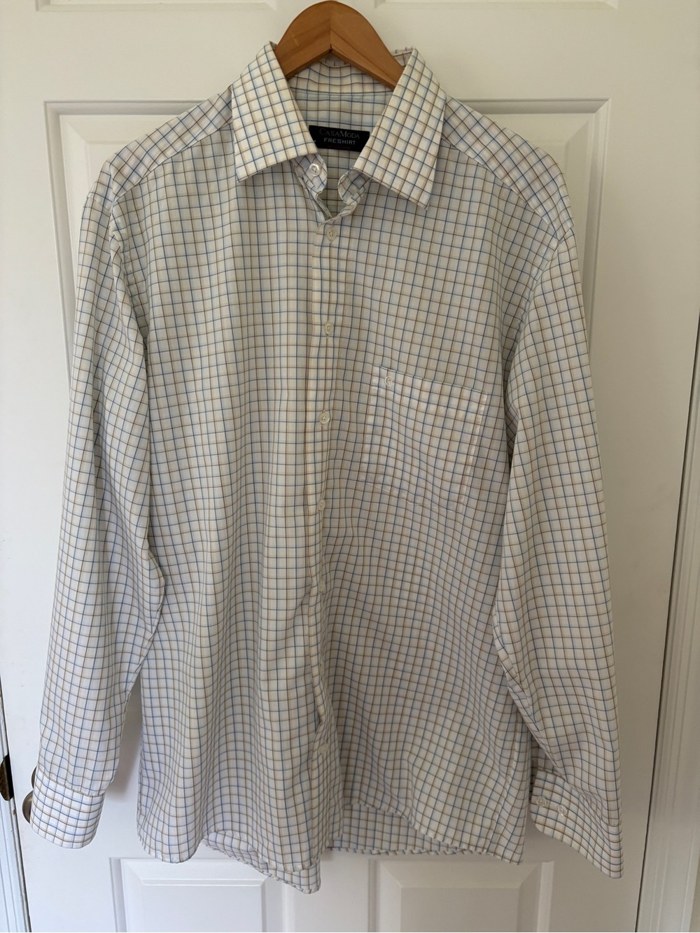 Men’s Casa Moda Freshirt Bugelfrei White Button Down Blue & Tan Windowpane 42